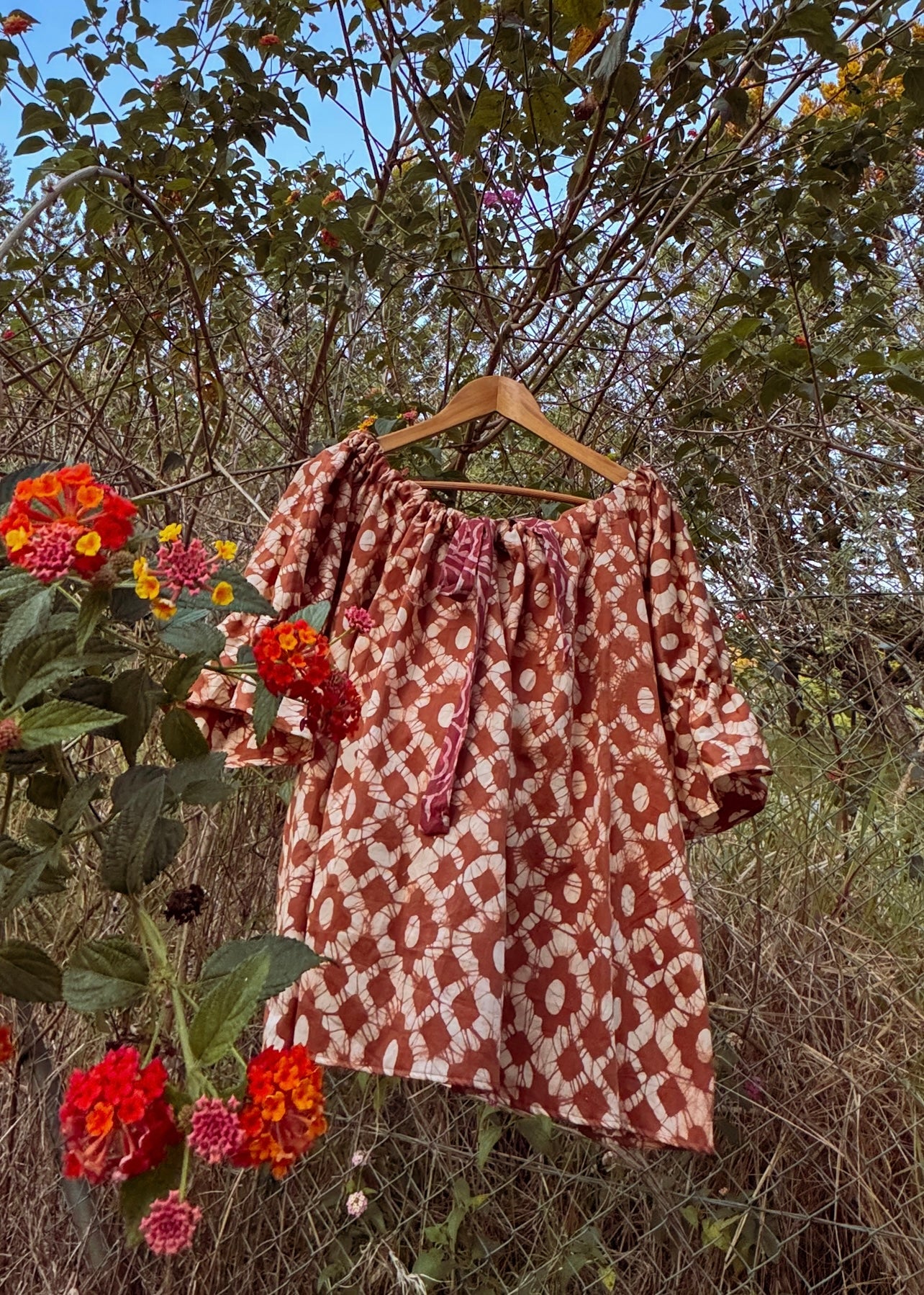 Earthy brown handblock Indian cotton one size easy wear blouse with puff sleeves and drawstring adjustable neckline. 