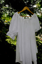 Load image into Gallery viewer, White lace one size plus size smock dress made with heirloom, upcycled and vintage lace fabrics on a hanger against a natural background