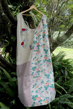 Load image into Gallery viewer, Heirloom fabric swing dress for everyday. Patchwork floral recycled fabric one size, plus size, vintage fabric dress 