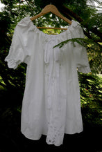 Load image into Gallery viewer, White one size, plus size, heirloom lace smock top with lace details on a wooden hanger against 