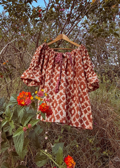 Earthy brown handblock Indian cotton one size easy wear blouse with puff sleeves and drawstring adjustable neckline. 