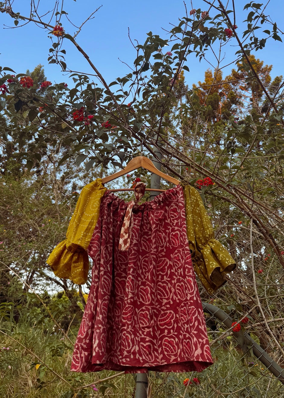 Earthy pink handblock Indian cotton one size easy wear blouse with mustard and olive handblock puff sleeves and drawstring adjustable neckline. 