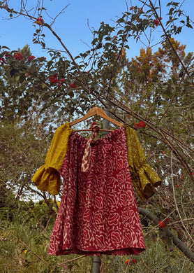 Earthy pink handblock Indian cotton one size easy wear blouse with mustard and olive handblock puff sleeves and drawstring adjustable neckline. 