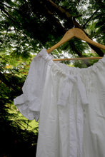 Load image into Gallery viewer, White lace one size plus size smock dress made with heirloom, upcycled and vintage lace fabrics on a hanger against a natural background
