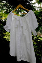 Load image into Gallery viewer, White lace one size plus size smock dress made with heirloom, upcycled and vintage lace fabrics on a hanger against a natural background