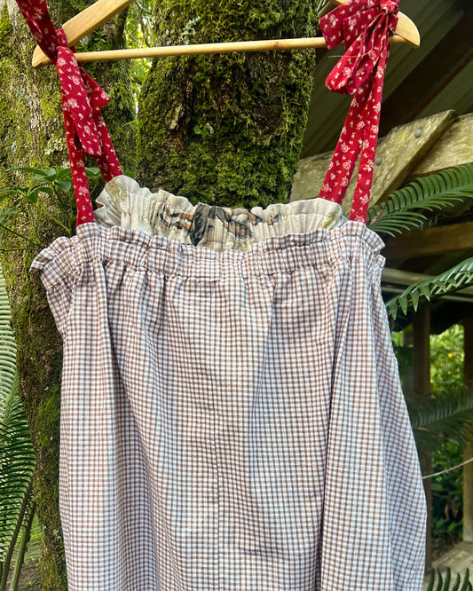Brown gingham dress hanging on a beautiful tree with red rfloral ties against a natural background