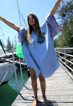 Load image into Gallery viewer, woman wearing chambray patchwork top with silk sleeves
