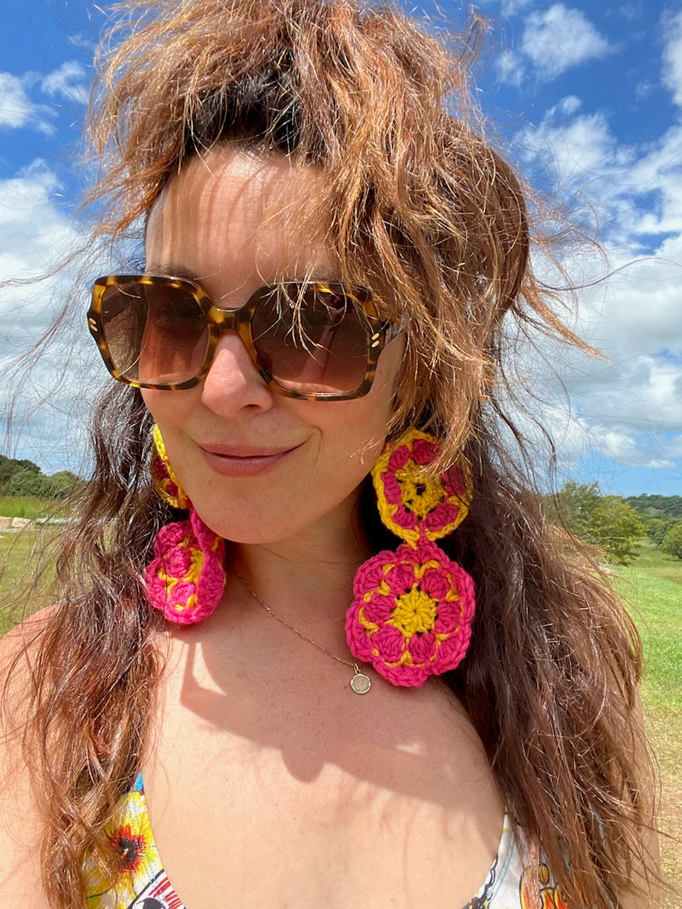 Pink Pansy Crochet Earrings